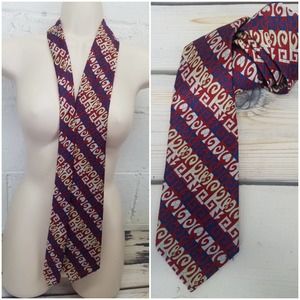 Vtg 60s Wide Geometric Necktie Cranes Men's Shop Red White Blue Mad Men Mod
